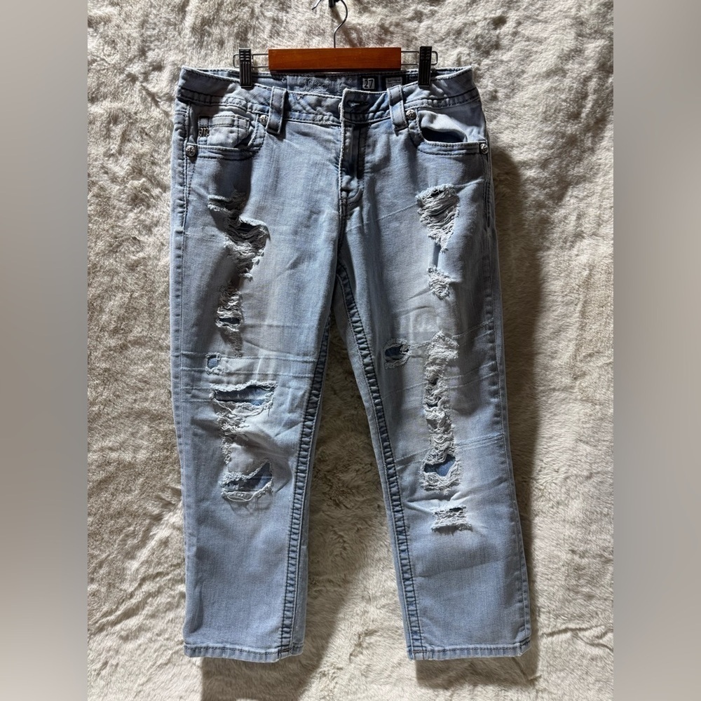 MISS ME BOYFRIEND CAPRI Women’s Distressed Straight Leg Zipper JEANS SIZE 27